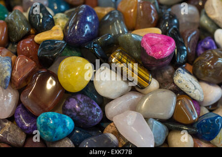 A selection of gemstones for sale in a gift shop along Patricia St, Downtown Jasper.  Alberta, Canada. Stock Photo