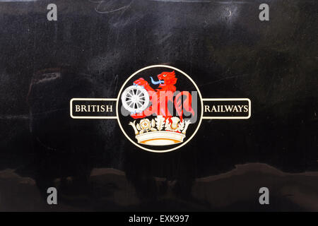 British Railways rampant lion and wheel insignia on the side of standard 4 tank steam engine 80080. Stock Photo