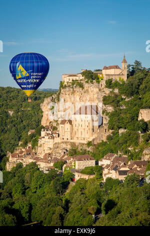 Hot-air balloon over medieval town of Rocamadour, Lot Valley, Midi-Pyrenees, France Stock Photo