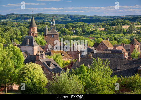 Evening sunlight over medieval town of Collonges-la-Rouge, in the ancient Department of Limousin, Correze, France Stock Photo