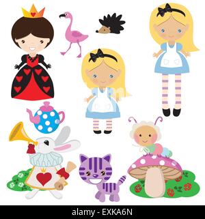 alice in wonderland Queen of Hearts white rabbit flamingo caterpillar Cheshire Cat  girl blonde cute funny vector cartoon Stock Vector