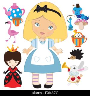 alice in wonderland,Queen of Hearts,white rabbit,flamingo, girl,blonde,cute,funny,vector,cartoon,illustration,caterpillar Stock Vector