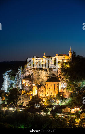 Twilight in Rocamadour, Pilgrimage site, Departement Lot, Midi Pyrenees South west France Europe Stock Photo