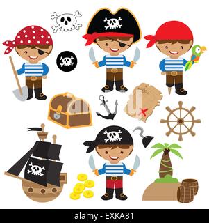 pirate,boy,pirate ship, treasure chest, island, palm tree, map, skull, jolly roger, parrot Stock Vector