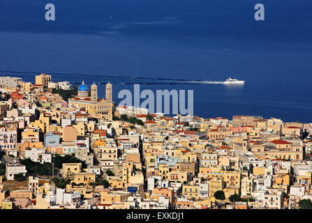 Partial view of Ermoupolis from Alithini village, Syros island, Cyclades, Aegean sea, Greece. Stock Photo