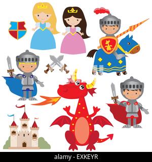 Medieval knight and dragon vector illustration set. Cartoon flat ...