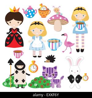 alice in wonderland Queen of Hearts white rabbit flamingo caterpillar Cheshire Cat  girl blonde cute funny vector cartoon Stock Vector