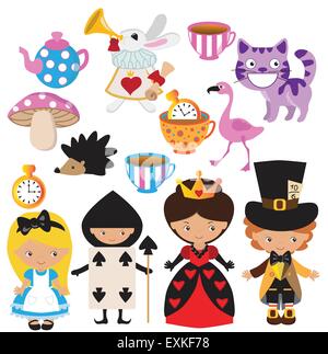 alice in wonderland,Queen of Hearts,white rabbit,flamingo,Cheshire Cat, girl,blonde,cute,funny,vector,cartoon,illustration Stock Vector