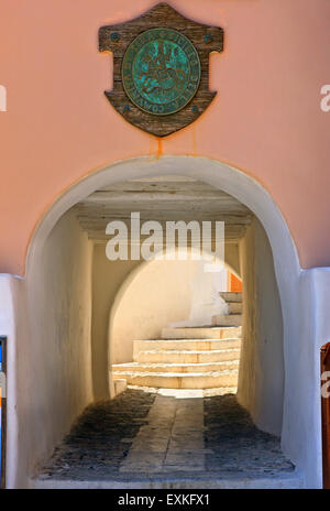 'Kamara' on of the main gates of  Ano Syra, the old medieval settlement of Syros island, Cyclades, Aegean sea, Greece. Stock Photo