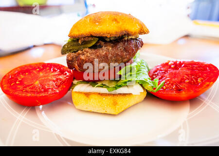 A Hamburger on a Torta roll with a fresh homegrown tomato from the garden with pickle and Romaine lettuce on a desk for lunch Stock Photo