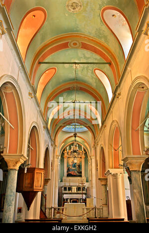 Inside the Catholic church (Our lady of Mount Carmel) in Ano Syra (Ano Syros), Syros island, Cyclades, Aegean sea, Greece. Stock Photo