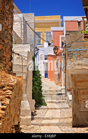 In the picturesque alleys of Ano Syra ('Ano Syros'), the old medieval settlement of Syros island, Cyclades, Aegean sea, Greece. Stock Photo