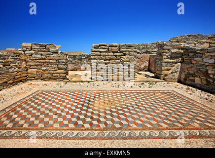 Impressive mosaics in the archaeological site of the 'sacred' island of Delos. Cyclades, Greece. Stock Photo