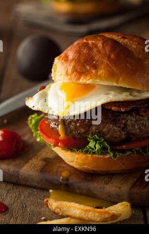 Homemmade Bacon Hamburger with Egg Lettuce and Tomato Stock Photo