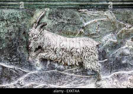 Roman period goat, carved relief on a sarcophagus panel inside the Camposanto Monumentale cemetery. Pisa, Tuscany, Italy. Stock Photo