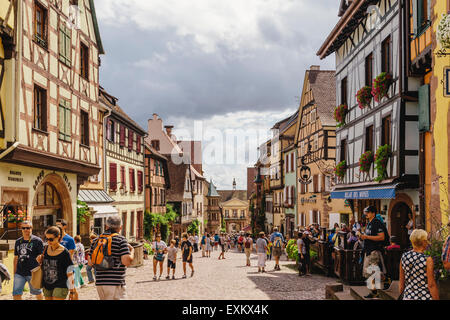 Street scene, Rue du General de Gaulle, Riquewihr, Alsace, France Stock Photo