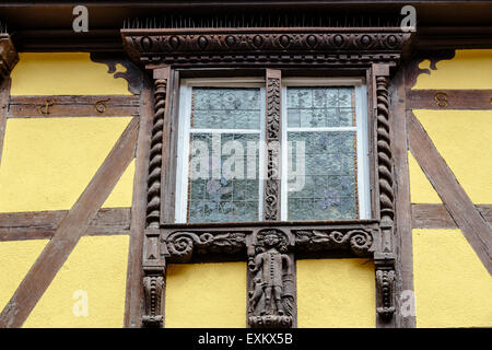 Close-up of window, Maison a l'Etoile, 42 Rue du General de Gaulle, Riquewihr, Alsace, France Stock Photo