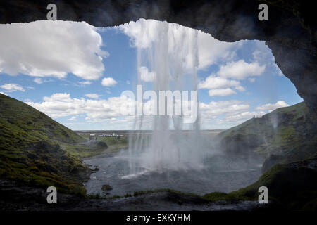 walking behind Seljalandsfoss waterfall iceland Stock Photo