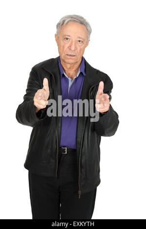 Handsome man doing different expressions in different sets of clothes: gun sign Stock Photo