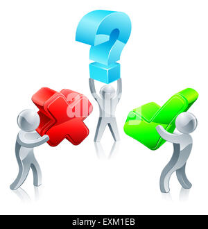 Right and wrong or decision question concept of three people, holding question mark, tick and cross symbols Stock Photo