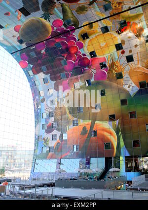 Colourful interior of the Rotterdamse Markthal (Rotterdam Market hall) at Blaak square. Artwork by Arno Coenen - Cornucopia Stock Photo