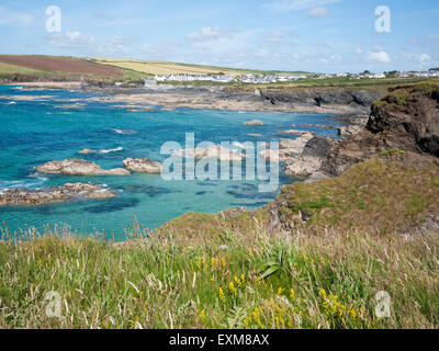 A view across the rugged north Cornwall coast to Trevone Bay Stock Photo