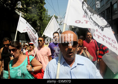 Athens, Greece. 15th July, 2015. Protesters participate in a demonstration against the new package of austerity measures in Athens, Greece, on July 15, 2015. Credit:  Marios Lolos/Xinhua/Alamy Live News Stock Photo