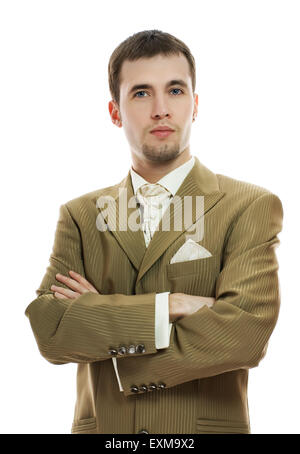 Handsome young groom in wedding suit over white background Stock Photo