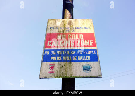 A 'No cold calling zone' sign in Cheddar village in Somerset. Stock Photo