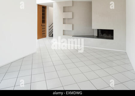 Architecture, Interiors of empty apartment, room with fireplace Stock Photo