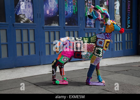 Decorated wire-framed deer, 'Yarn Bombed' & covered with crocheted wool squares of various colours of wool. Blackpool, UK Stock Photo