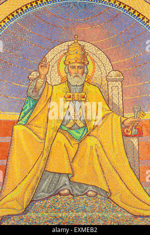 JERUSALEM, ISRAEL - MARCH 3, 2015: The symbolic mosaic of St. Peter as the first pope in Church of St. Peter in Gallicantu. Stock Photo