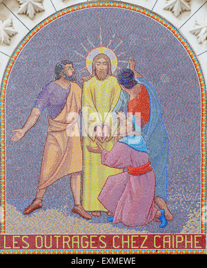 JERUSALEM, ISRAEL - MARCH 3, 2015: The mosaic of scene Jesus before of Sanhedrin in Church of St. Peter in Gallicantu. Stock Photo