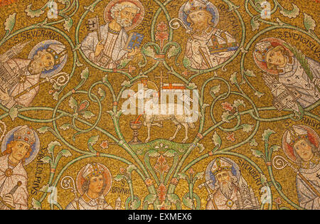 JERUSALEM, ISRAEL - MARCH 3, 2015: The mosaic of The Lamb of God among the saints in side apse of Dormition abbey Stock Photo