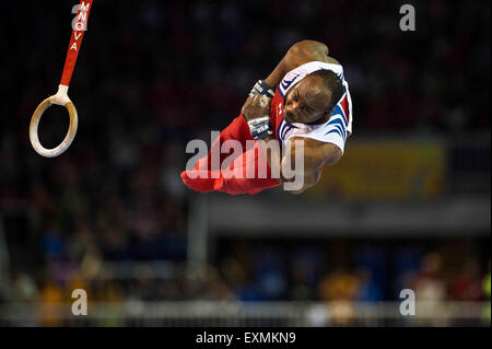 Toronto, Ontario, Canada. 14th July, 2015. DONNELL WHITTENBURG dismounts during the rings event at the Toronto Pan American Games. Credit:  James Macdonald/ZUMA Wire/Alamy Live News Stock Photo