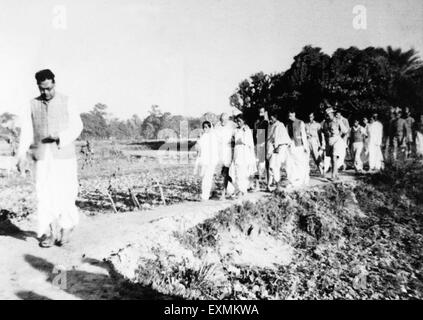 Mahatma Gandhi supported Amtus Salam Abha Gandhi walking Sachin Mitra through fields riot effected Noakhali East Bengal Stock Photo