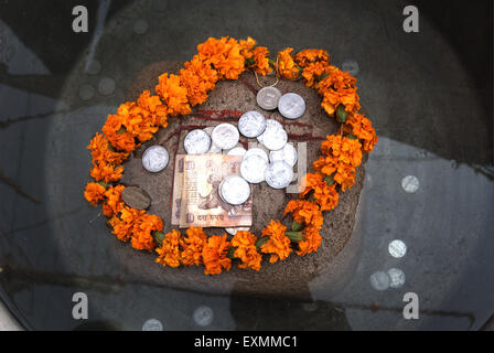 Money offered by devotees on a pumice stone floating in water the Ardh Kumbh Mela religious festivals at Allahabad Stock Photo