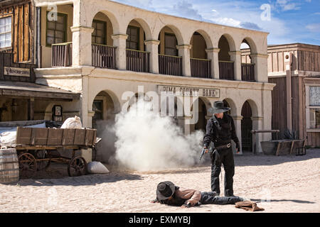 Gunfight outside the Pima County Bank in Old Tucson Studios, Arizona, USA. Stock Photo