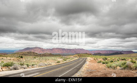 Low-hanging clouds over the Paiute Reservation on Old Highway 91, Nevada. Stock Photo