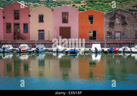 A lovely, little town on the North Western coast of Sardinia, Bosa is dominated by the Serravalle Hills Stock Photo