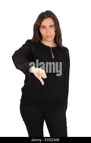 Beautiful woman doing different expressions in different sets of clothes: thumbs down Stock Photo