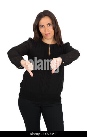 Beautiful woman doing different expressions in different sets of clothes: thumbs down Stock Photo