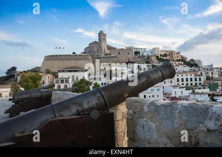 Cannons and Medieval fortress Dalt Vila, Ibiza, Spain. Stock Photo