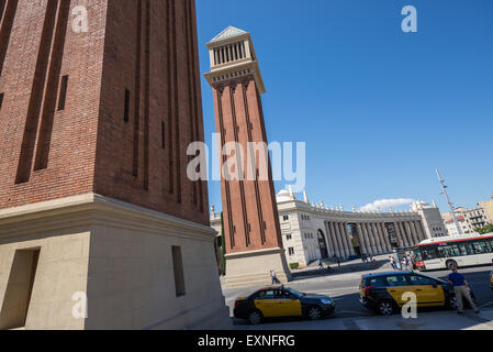 Venetian towers at Spain Square - Placa d’Espanya, one of the main squares in Barcelona, Spain Stock Photo