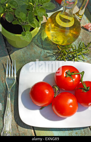 Healthy organic food arrangement on the old wooden rustic table, vintage style Stock Photo
