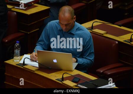 Athens, Greece. 15th July, 2015. Former Finance Minister Yanis Varoufakis. Greek Lawmakers vote on the acceptance of a New Memorandum between the Greek government and its creditors about the Greek debt. Credit:  George Panagakis/Pacific Press/Alamy Live News Stock Photo