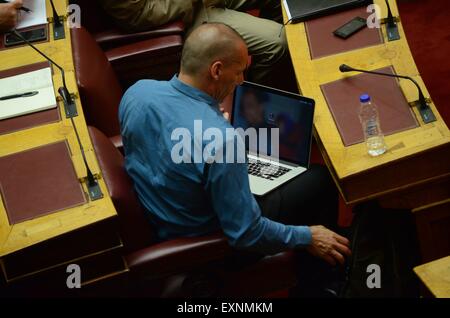 Athens, Greece. 15th July, 2015. Former Finance Minister Yianis Varoufakis.Greek Lawmakers vote on the acceptance of a New Memorandum between the Greek government and its creditors about the Greek debt. Credit:  George Panagakis/Pacific Press/Alamy Live News Stock Photo