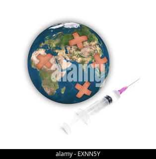 Earth with adhesive plaster with syringe isolated on white background, Element of this image are furnished by NASA Stock Photo