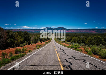 Image of a long desolate road leading off into a plateau on the horizon Stock Photo