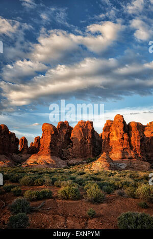 Late evening light on The Garden of Eden rock formations in Utah’s Arches National Park. Stock Photo